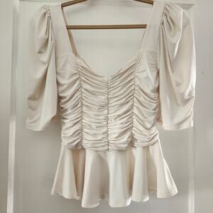 Express Ivory Ruched Puff-Sleeve Top with Peplum Size Small